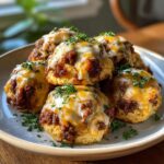 A close-up of a stack of delicious garlic parmesan cheeseburger bombs topped with melted cheese and parsley.