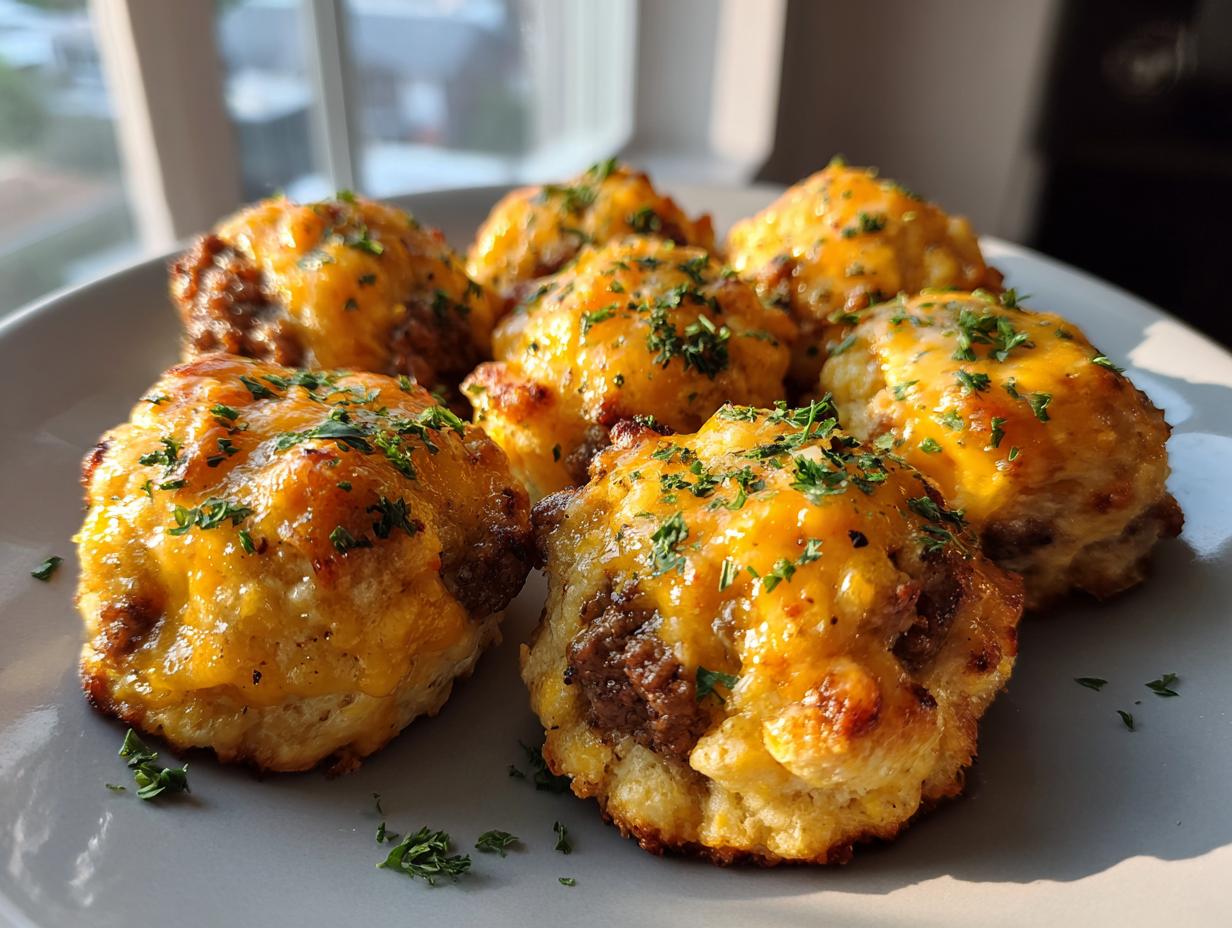 A plate of golden-brown garlic parmesan cheeseburger bombs, topped with melted cheese and fresh parsley.