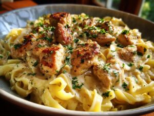 Close-up of creamy Garlic Parmesan chicken pasta, featuring tender chicken pieces and wide noodles in a rich sauce, garnished with parsley.
