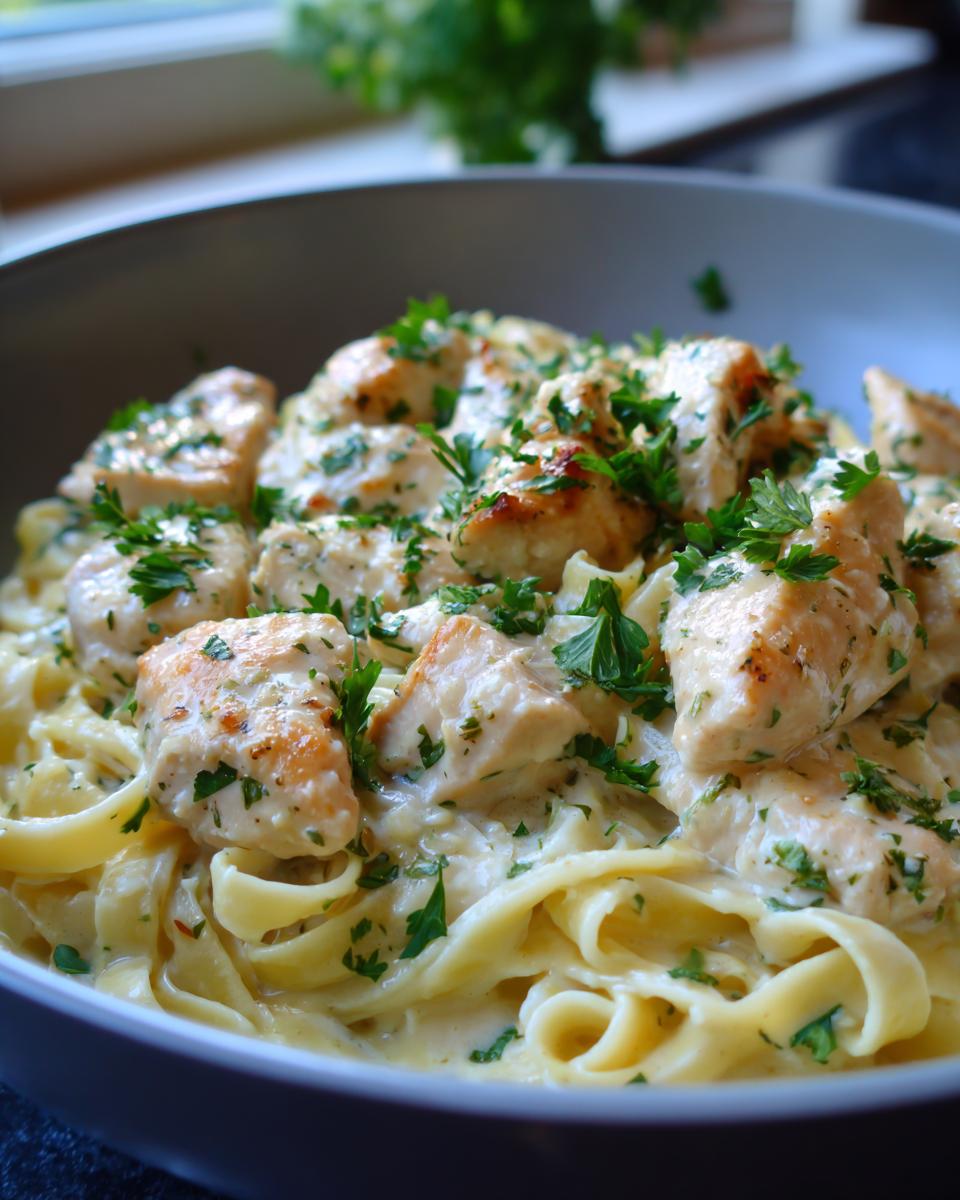 A close-up of creamy Garlic Parmesan chicken pasta, topped with fresh parsley.