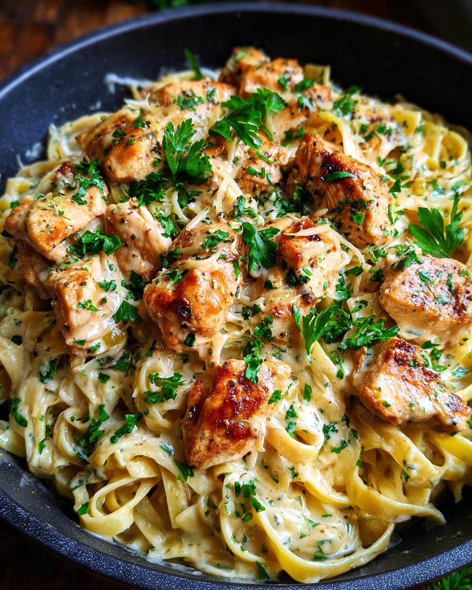 A close-up of creamy garlic parmesan chicken pasta, featuring tender chicken pieces and fettuccine noodles, garnished with fresh parsley.