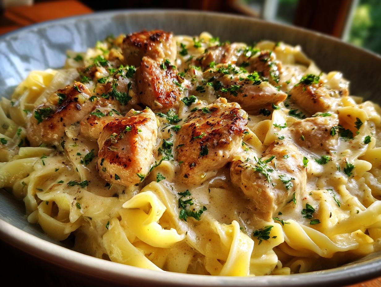 Close-up of creamy Garlic Parmesan chicken pasta, featuring tender chicken pieces and wide noodles in a rich sauce, garnished with parsley.