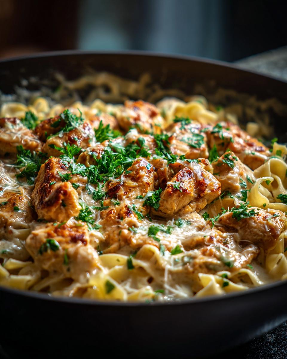 Close-up of creamy Garlic Parmesan chicken pasta in a pan, garnished with fresh parsley.