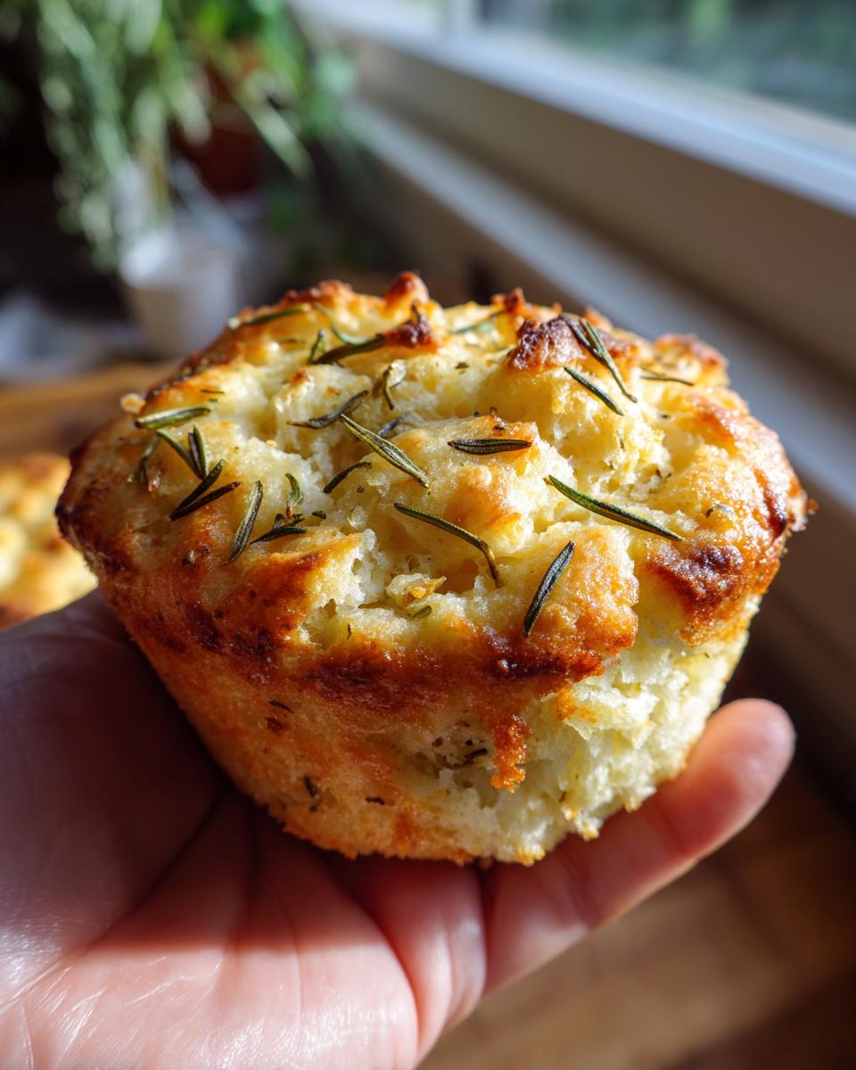 A hand holding a golden-brown garlic rosemary focaccia muffin, topped with fresh rosemary sprigs.