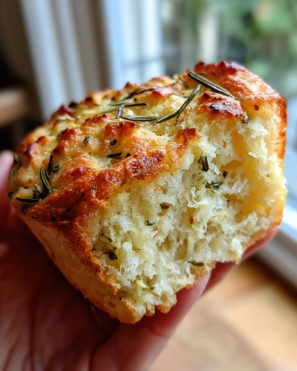 A close-up of a delicious garlic rosemary focaccia muffin, showing its fluffy interior and golden-brown crust with herbs.