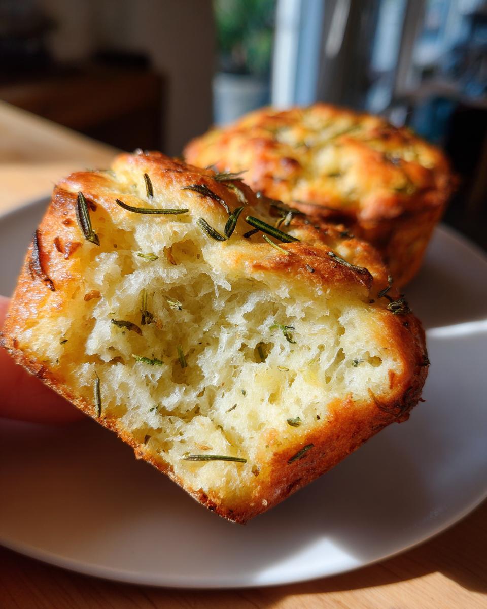 A close-up view of a broken garlic rosemary focaccia muffin, showing its fluffy interior and herbs.