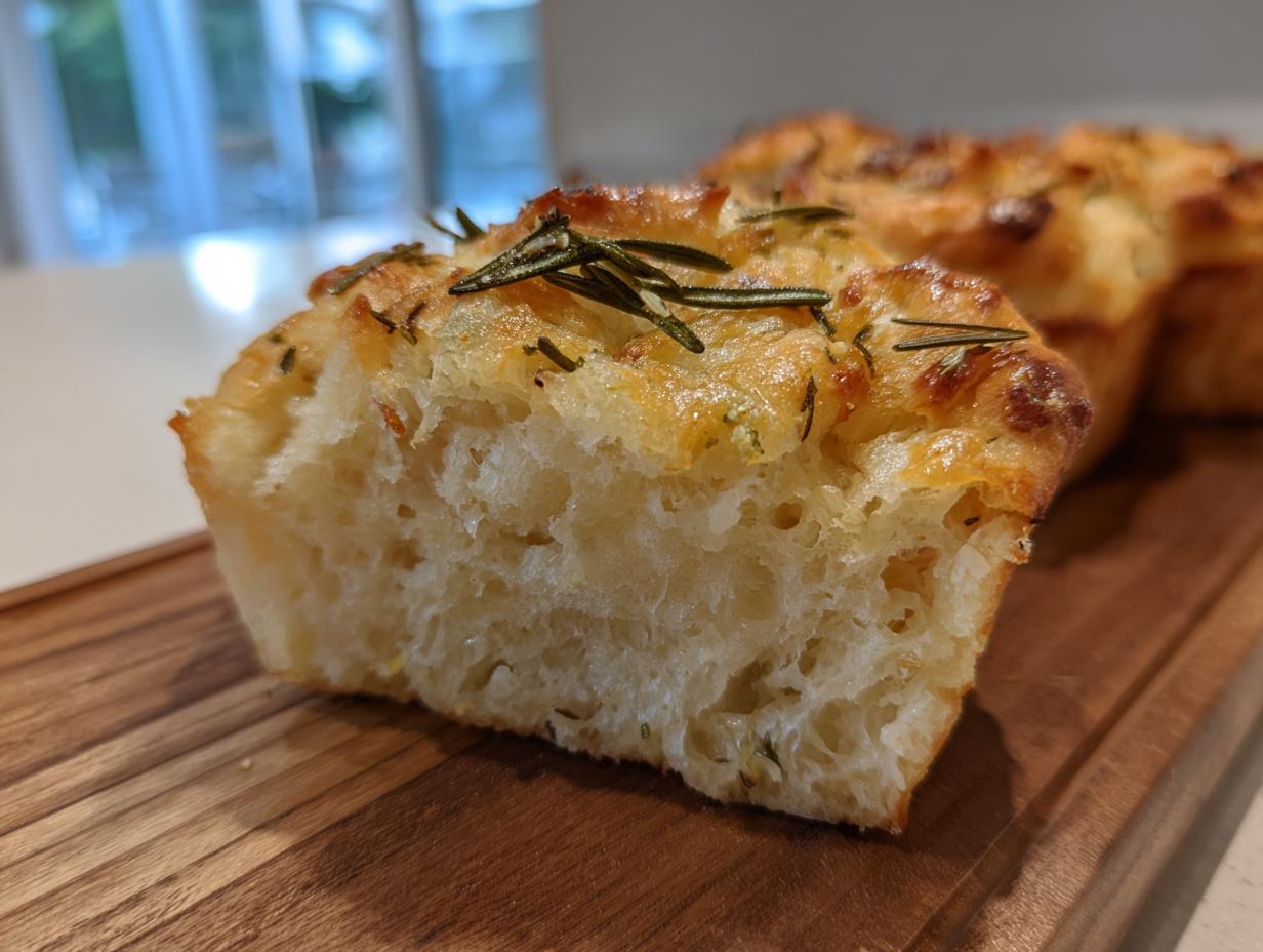 Close-up of a cut garlic rosemary focaccia muffin, showing its fluffy interior and herb topping.