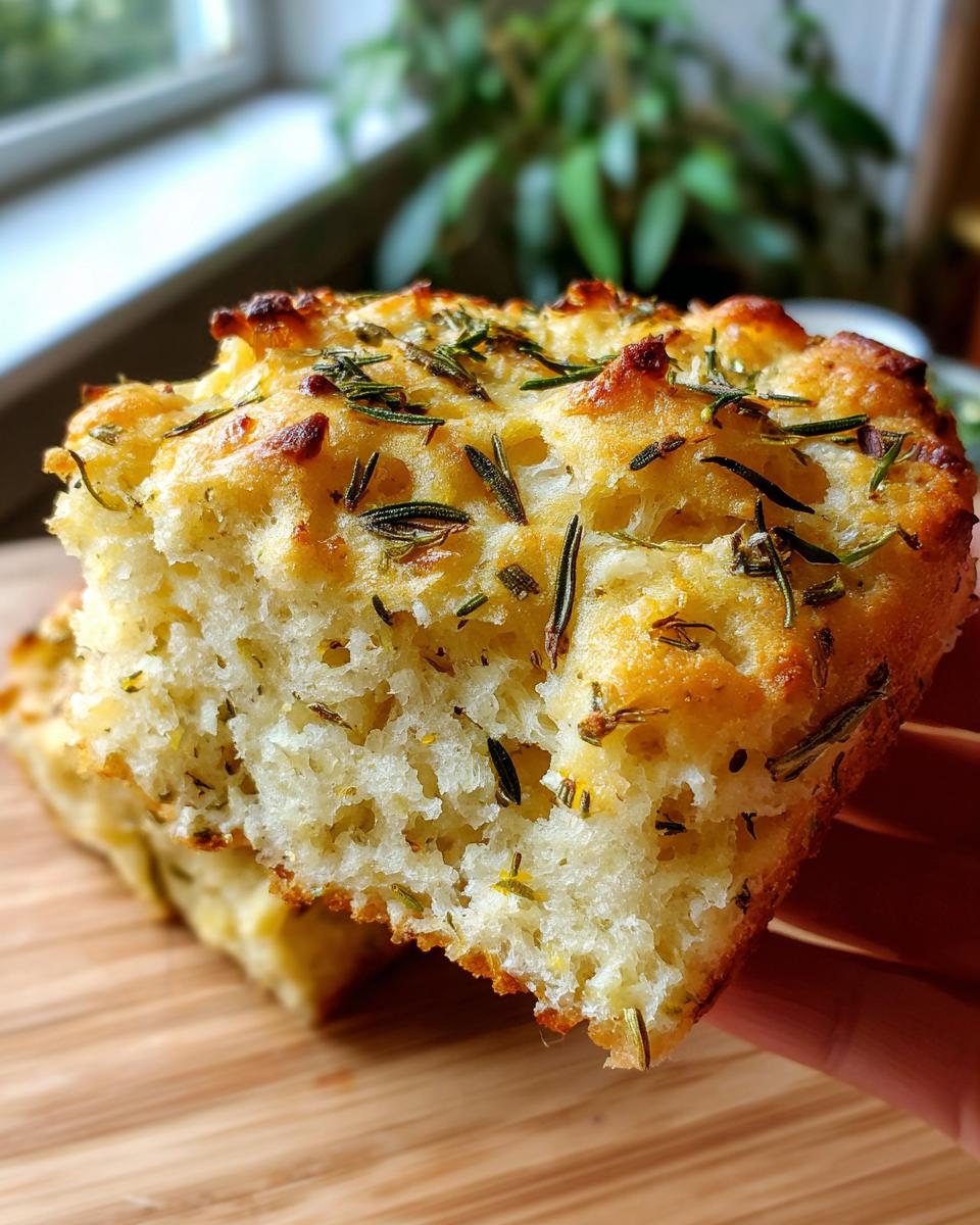 A close-up of a fluffy garlic rosemary focaccia muffin, showing its airy crumb and herbs.