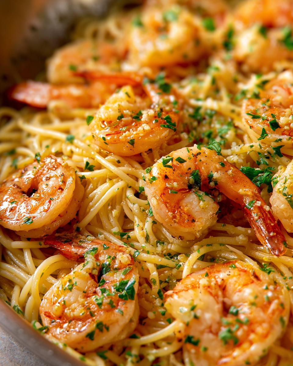 Close-up of delicious garlic shrimp pasta with fresh parsley sprinkled on top.