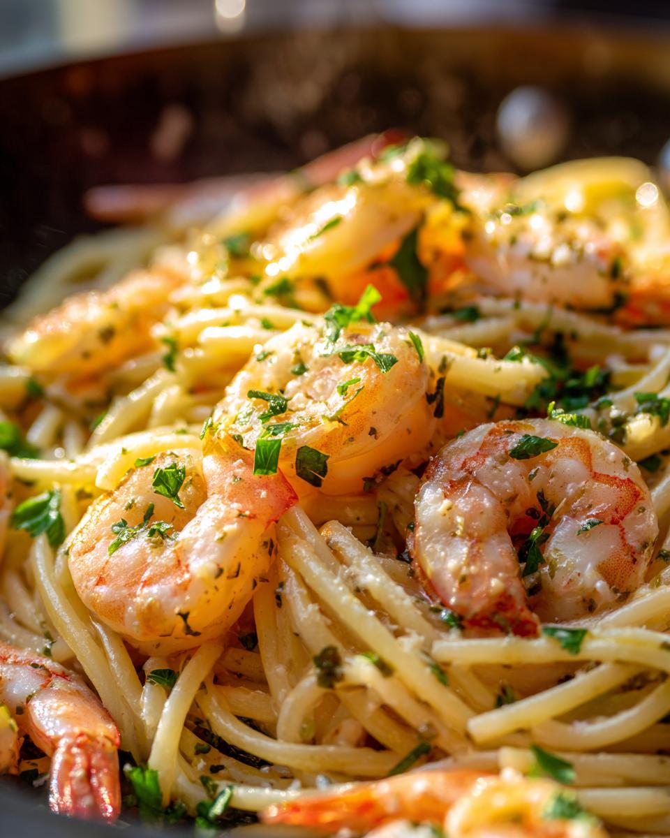 Close-up of delicious garlic shrimp pasta with fresh parsley and glistening shrimp.