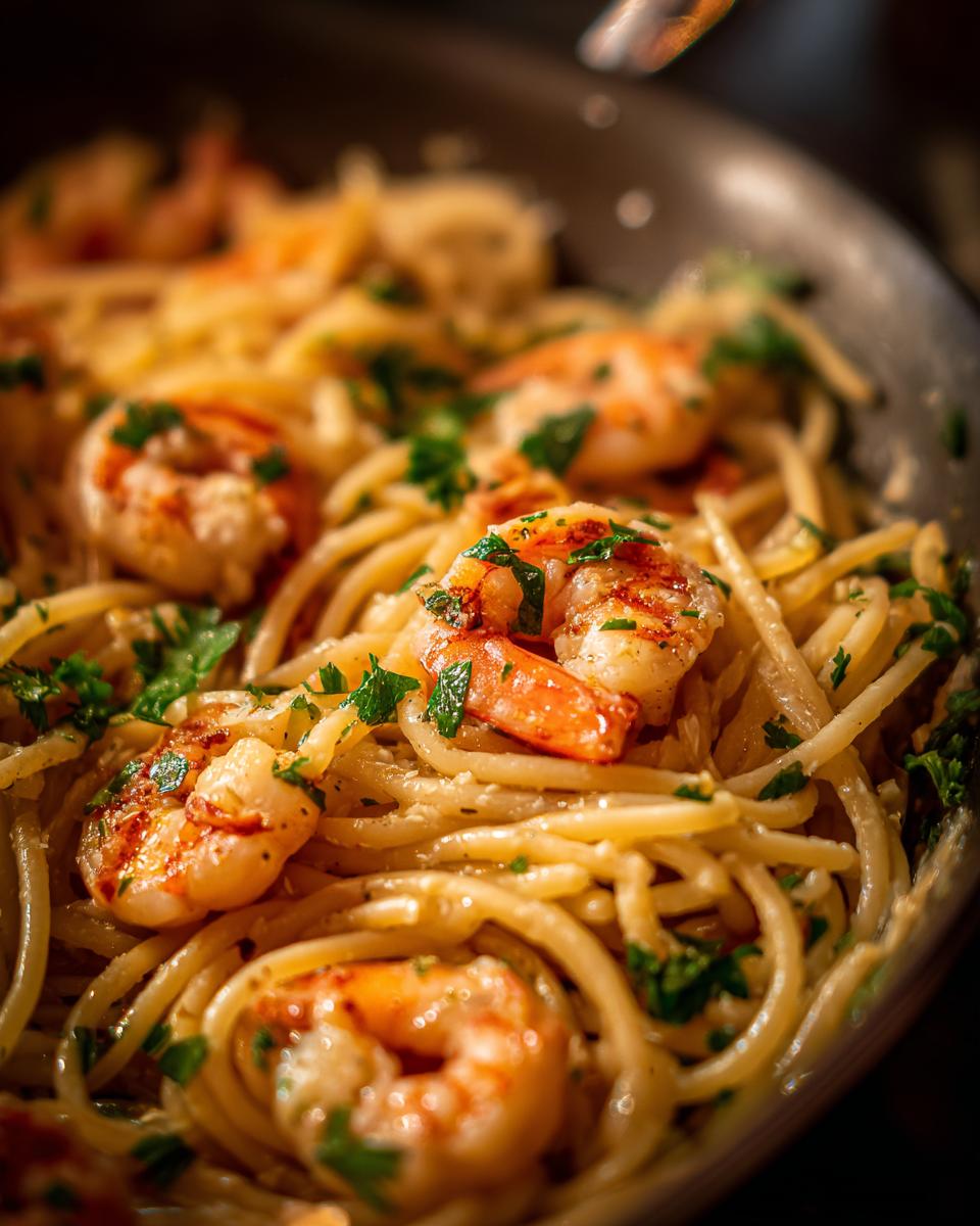 Close-up of a pan filled with Garlic Shrimp Pasta, featuring plump shrimp and fresh parsley.