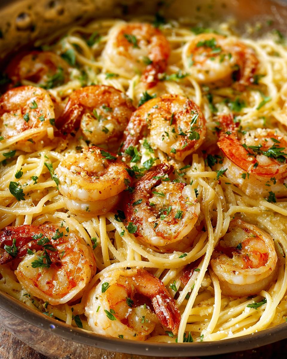 Close-up of a pan filled with spaghetti and plump, golden-brown garlic shrimp, garnished with parsley.