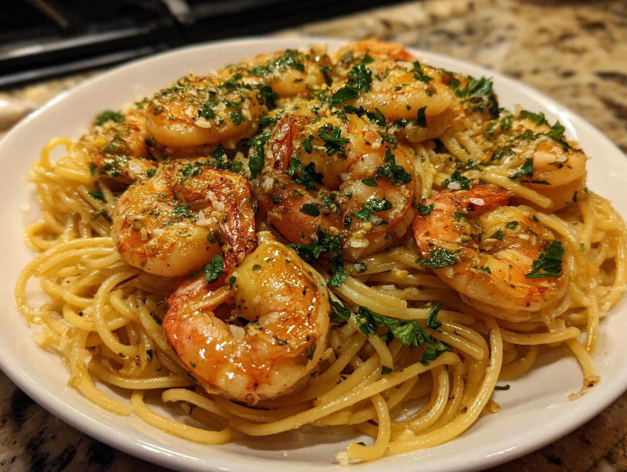 A close-up of a white plate filled with spaghetti and topped with juicy garlic shrimp and fresh parsley.