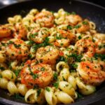 Close-up of a skillet filled with delicious garlic shrimp pasta, garnished with fresh parsley.