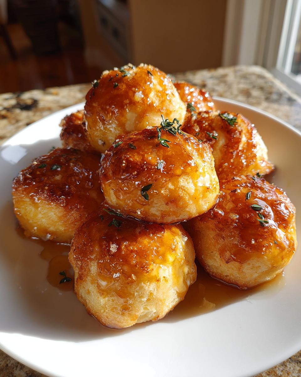 A stack of golden brown goat cheese and honey bites, drizzled with honey and sprinkled with herbs.