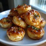 A stack of golden-brown goat cheese and honey bites, glazed and topped with fresh thyme sprigs.