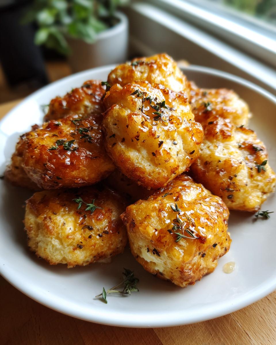A pile of golden brown goat cheese and honey bites drizzled with honey and sprinkled with herbs.