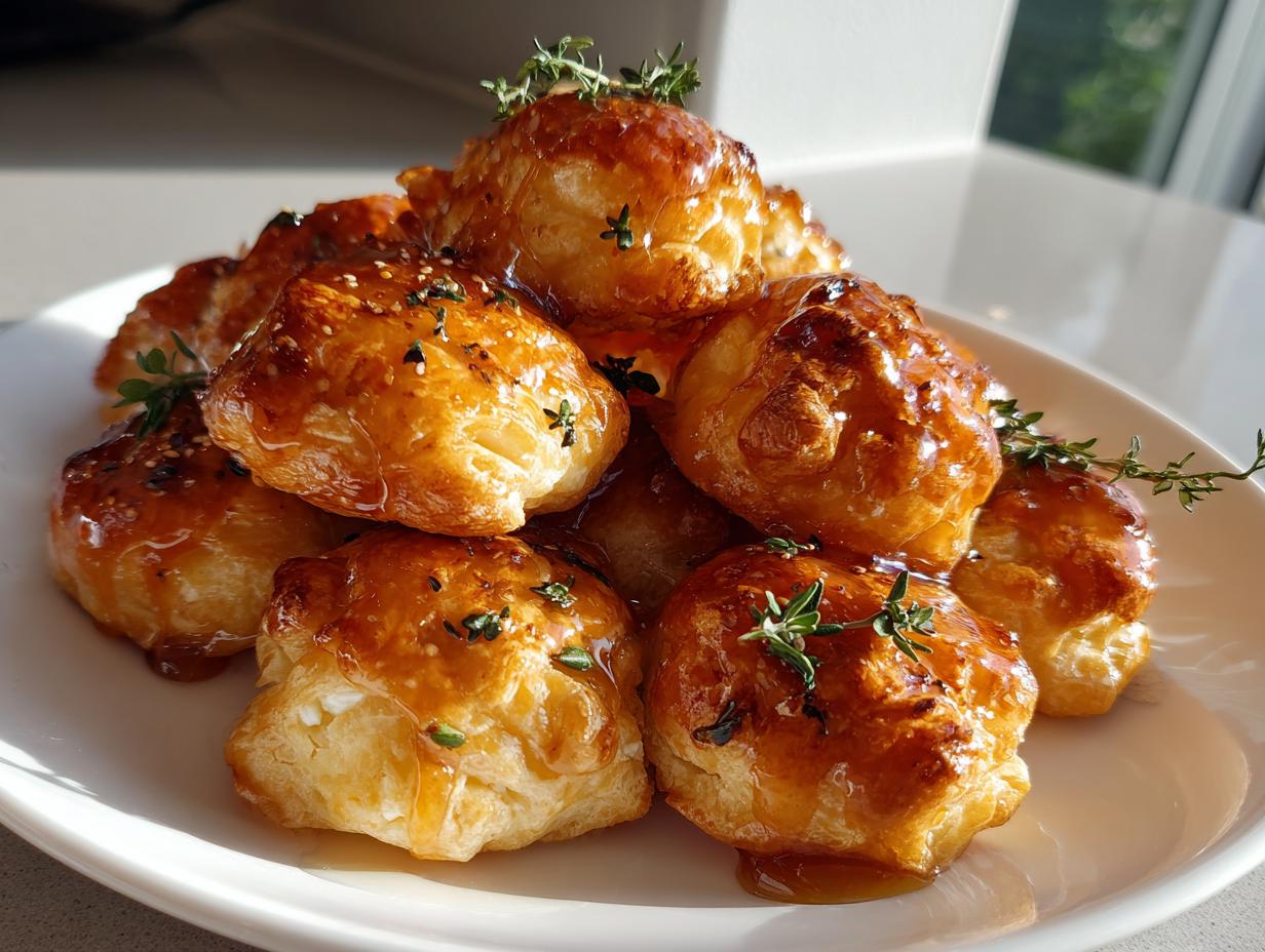 A pile of golden brown goat cheese and honey bites, drizzled with honey and garnished with thyme.