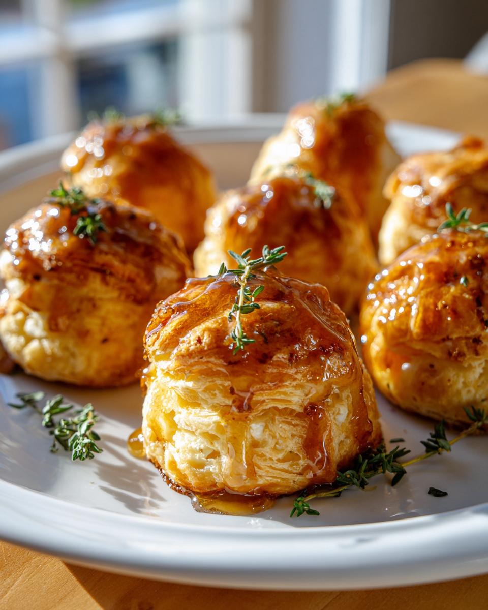 Close-up of flaky pastry bites filled with goat cheese and drizzled with honey, garnished with thyme.