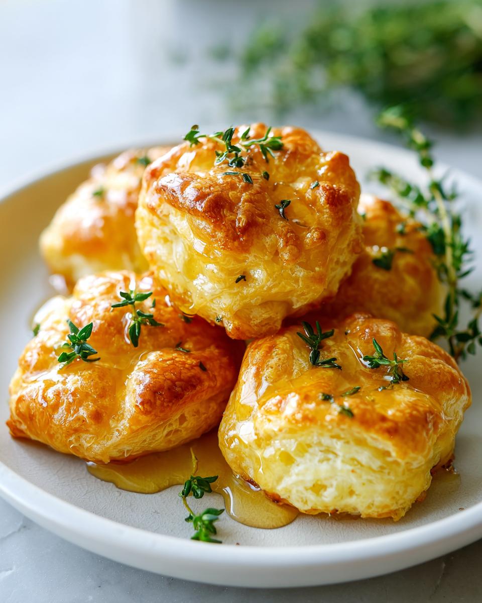 Close-up of golden brown goat cheese and honey bites drizzled with honey and garnished with fresh thyme.