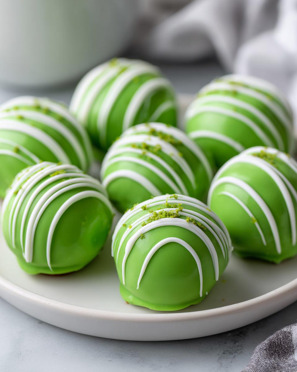 A plate of green Little Debbie cake balls drizzled with white icing and sprinkled with green zest.
