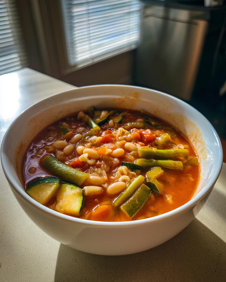 A close-up of a white bowl filled with hearty minestrone soup featuring white beans, chunks of zucchini, and tomatoes.