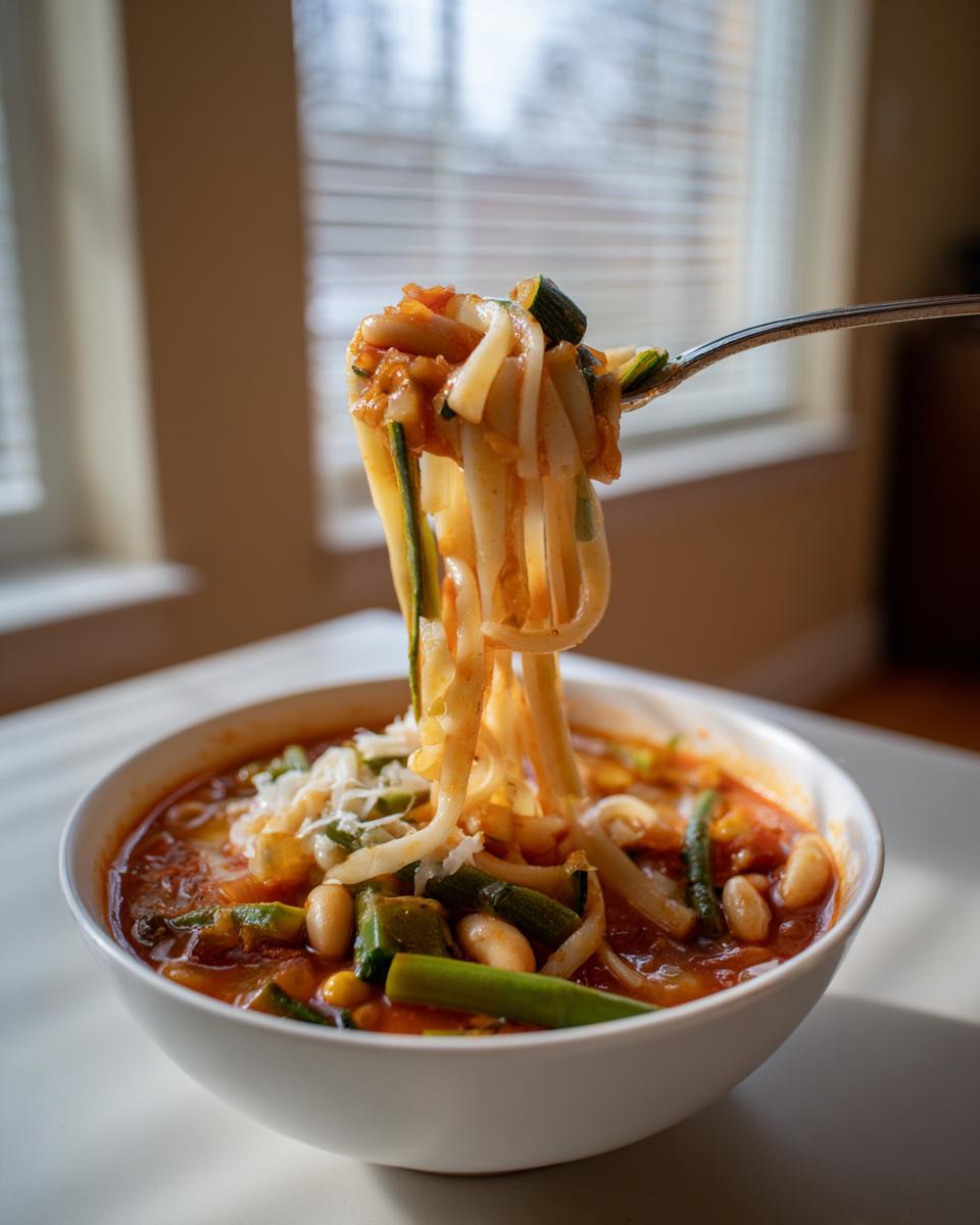 A fork lifts long pasta noodles and zucchini from a bowl of rich, tomato-based minestrone soup.