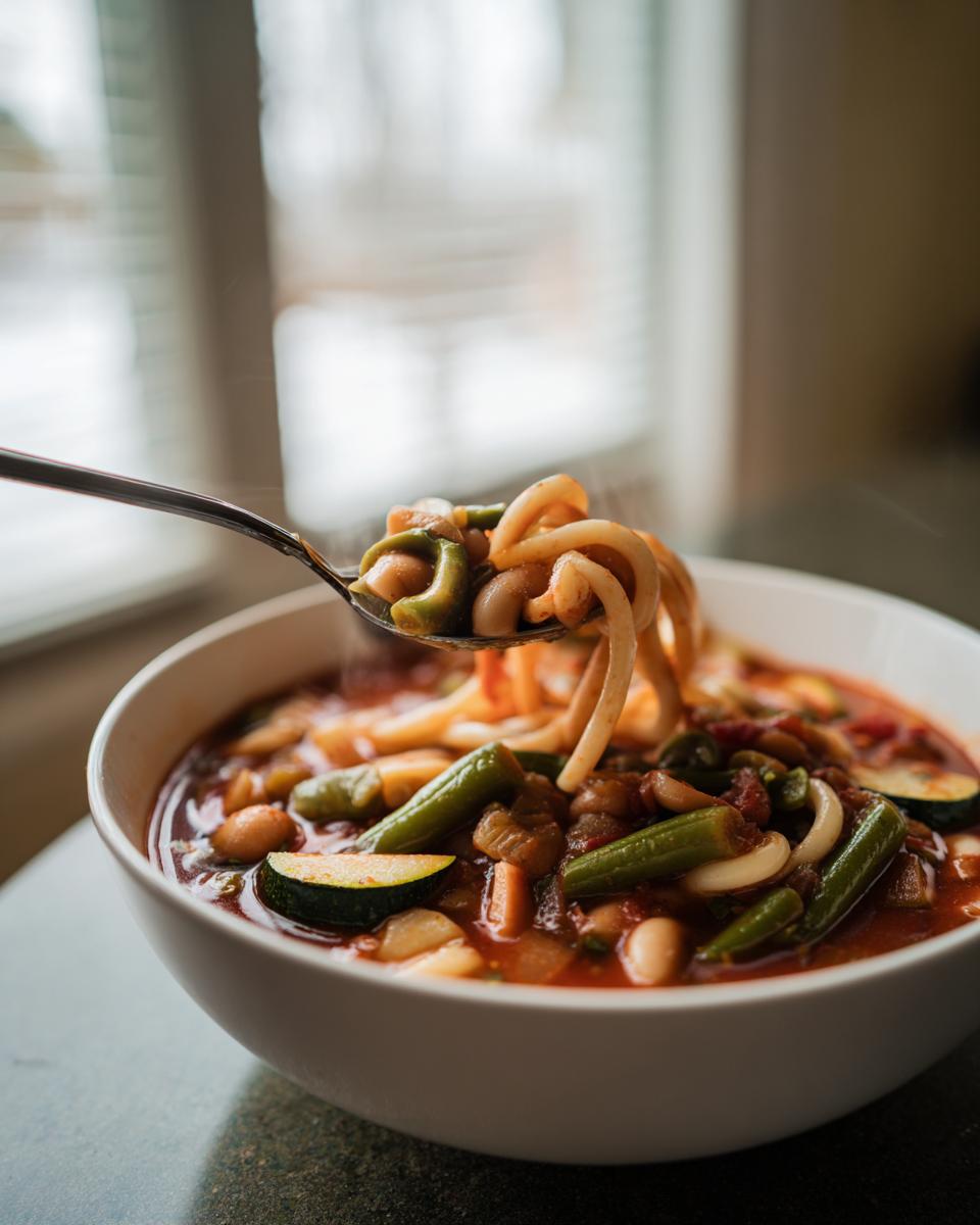 A spoonful of steaming minestrone soup is lifted from a white bowl, showing pasta, green beans, and zucchini in the hearty minestrone soup.