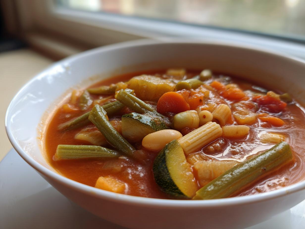Close-up of a steaming bowl of hearty minestrone soup filled with vegetables, beans, and pasta.