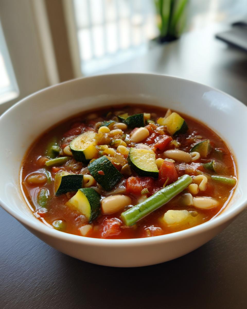 A close-up of a white bowl filled with hearty minestrone soup featuring zucchini, green beans, and white beans.