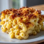 A close-up of a serving of homemade mac and cheese, featuring creamy pasta and a crispy, golden-brown breadcrumb topping.