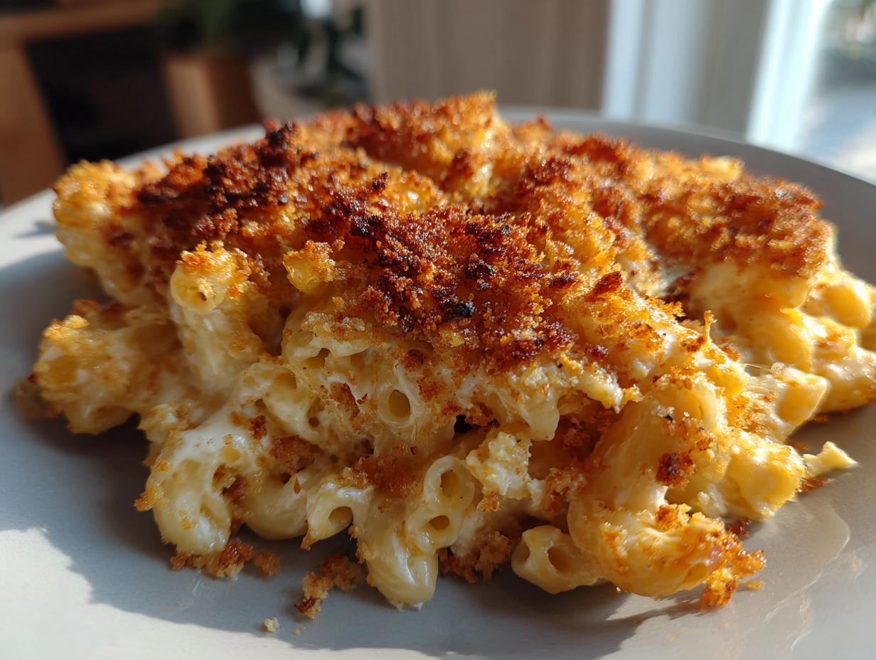 Close-up of a serving of creamy homemade mac and cheese with a golden-brown, crispy baked topping.