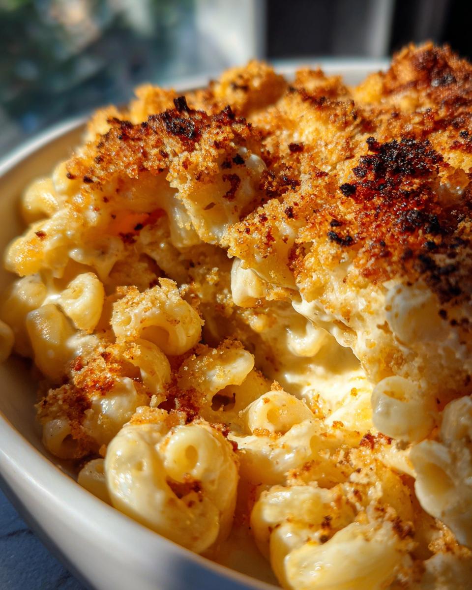 Close-up of creamy homemade mac and cheese with a golden-brown crispy breadcrumb topping.