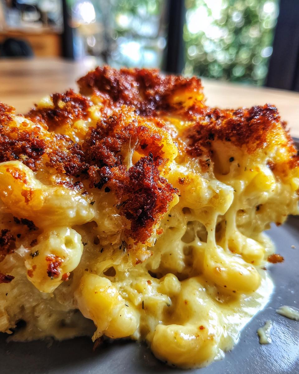 Close-up of a serving of homemade mac and cheese, featuring gooey melted cheese and a golden-brown crispy breadcrumb topping.