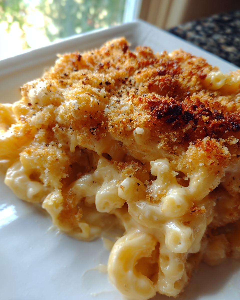 Close-up of creamy homemade mac and cheese with a golden-brown crispy breadcrumb topping.
