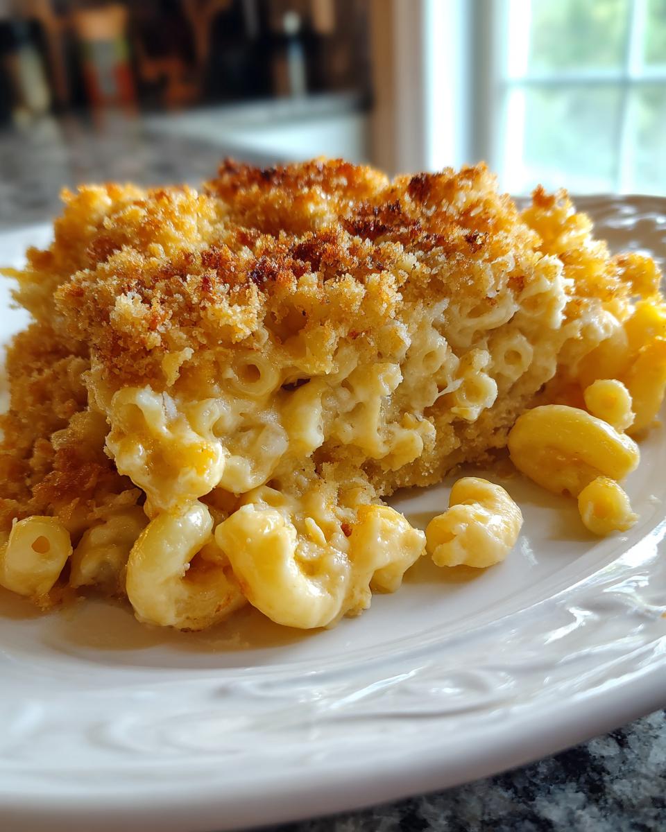 A close-up of a slice of homemade mac and cheese, featuring elbow macaroni in a creamy cheese sauce and a golden, crispy breadcrumb topping.