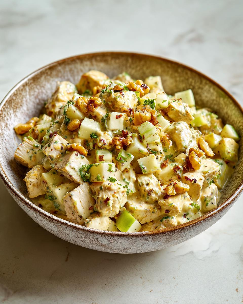 A close-up of a bowl filled with delicious honey mustard chicken salad, featuring chunks of chicken, diced apples, and walnuts.