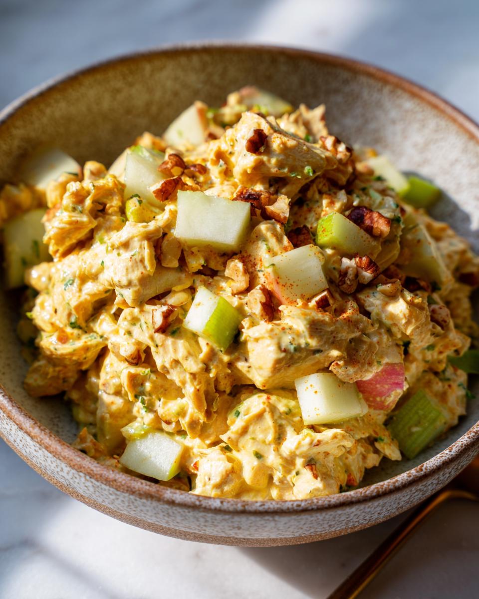 Close-up of a bowl of honey mustard chicken salad with chunks of apple and chopped nuts.