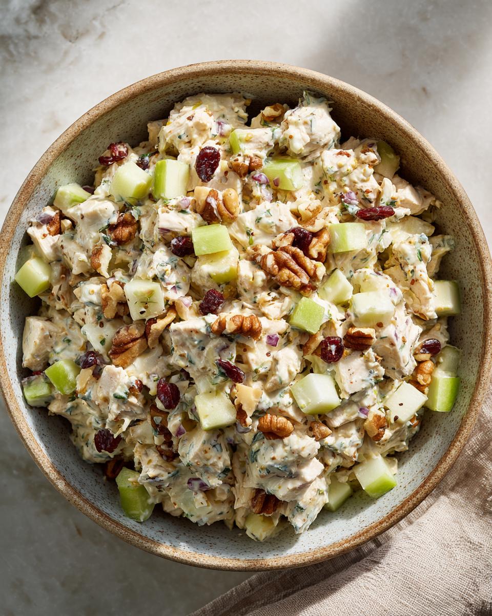 Overhead view of a bowl filled with creamy Honey Mustard Chicken Salad, topped with diced apples, walnuts, and dried cranberries.
