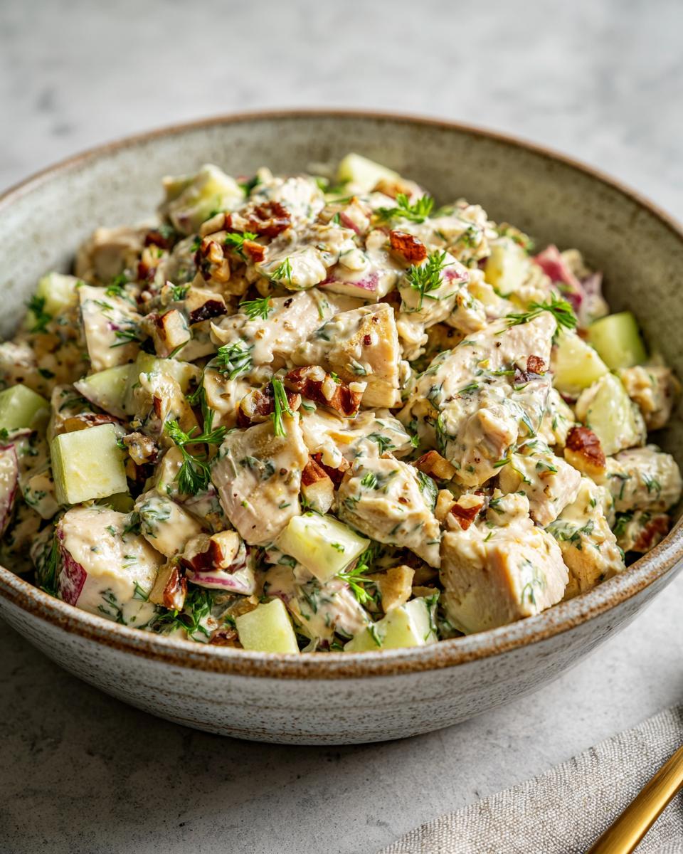 A close-up of a bowl filled with delicious Honey Mustard Chicken Salad, featuring chunks of chicken, diced cucumber, red onion, and crunchy nuts.