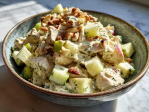 Close-up of a bowl of honey mustard chicken salad with chunks of chicken, apple, and nuts.
