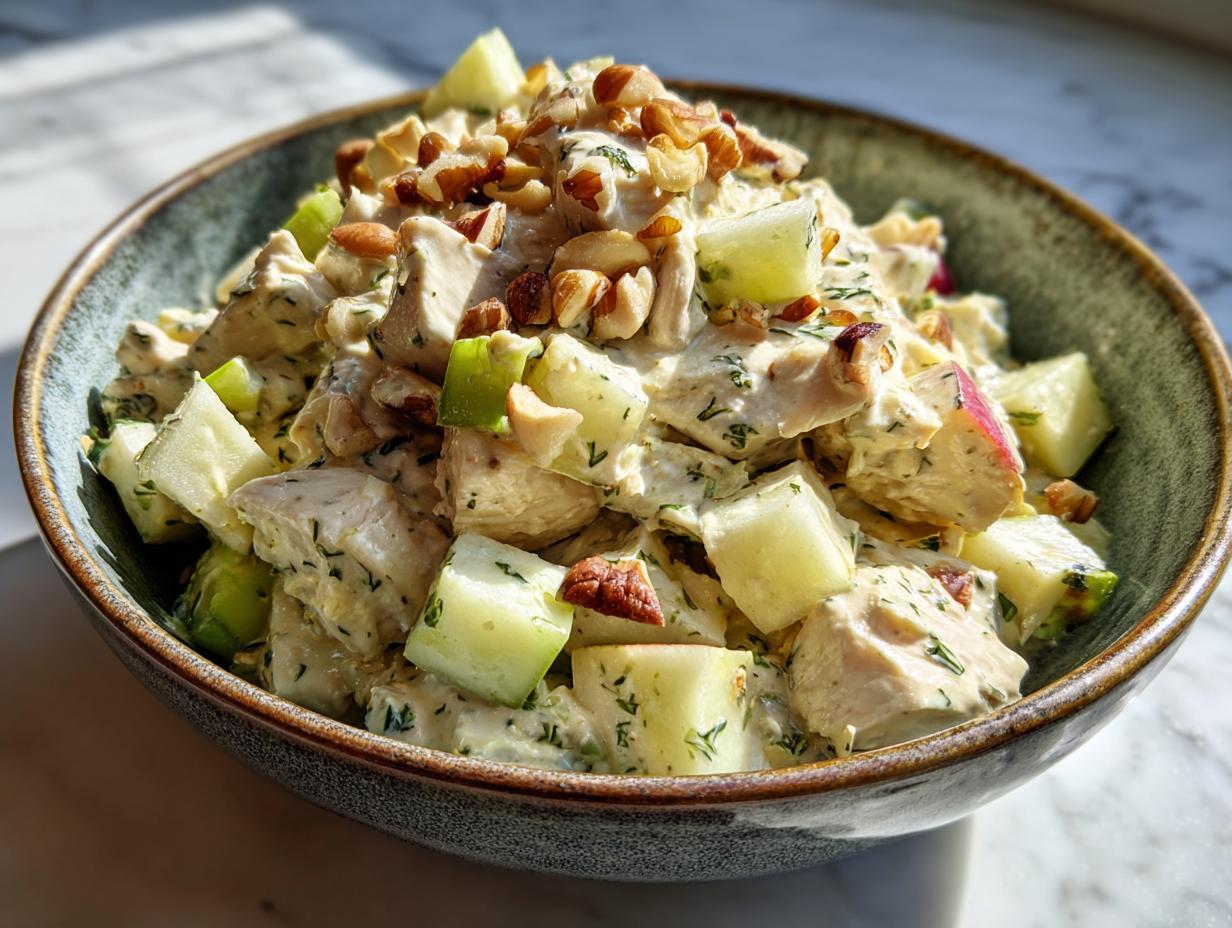 Close-up of a bowl of honey mustard chicken salad with chunks of chicken, apple, and nuts.