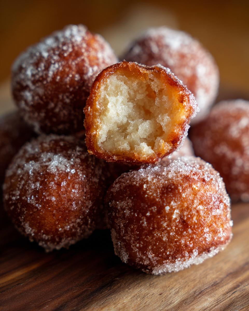 A close-up of a pile of hot buttered mini donuts, one broken open to reveal the fluffy interior, coated in sugar.