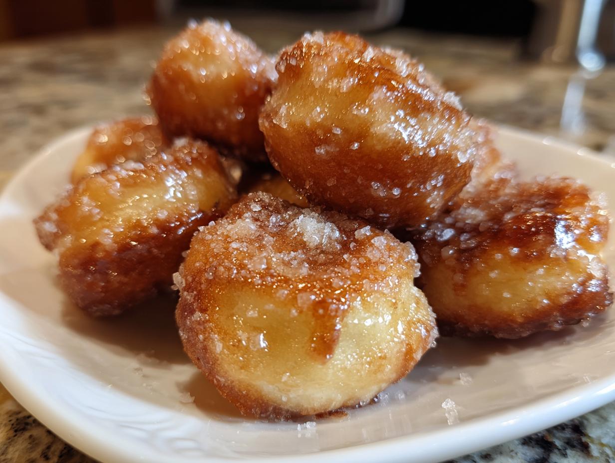 A close-up of a pile of delicious hot buttered mini donuts, coated in glistening sugar.