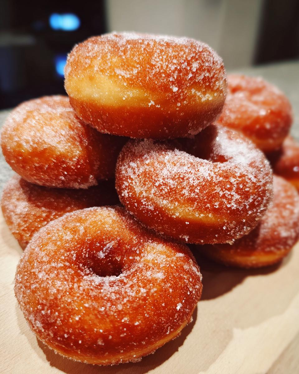 A close-up stack of freshly made hot buttered mini donuts coated in sugar.
