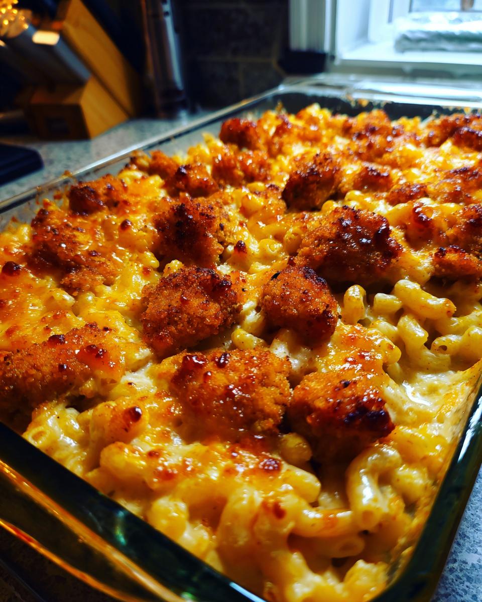 Close-up of a baked hot honey chicken mac and cheese in a glass dish, topped with crispy chicken pieces and melted cheese.