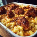 Close-up of a baking dish filled with creamy hot honey chicken mac and cheese, topped with crispy fried chicken pieces.