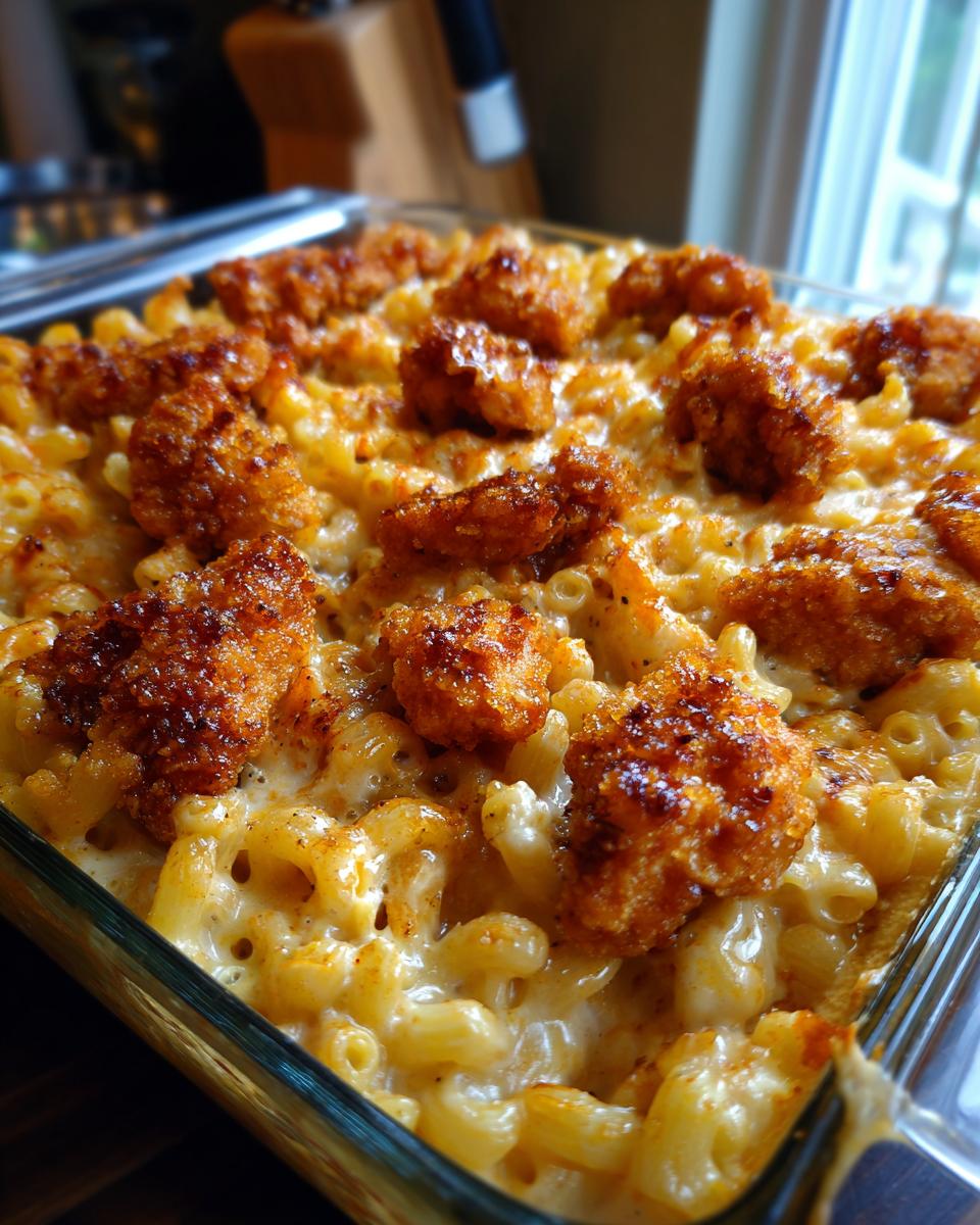 Close-up of baked hot honey chicken mac and cheese in a glass dish, with crispy chicken pieces on top.