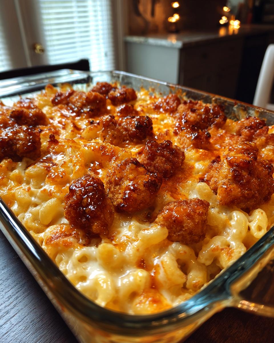 A close-up of a glass baking dish filled with creamy hot honey chicken mac and cheese, topped with crispy chicken pieces.