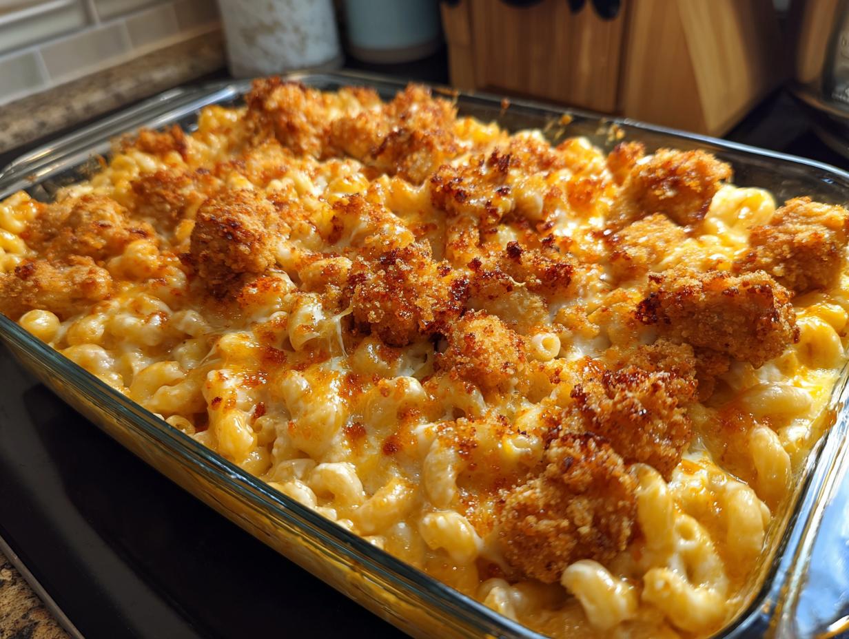 A golden-brown baked casserole of hot honey chicken mac and cheese, topped with crispy chicken pieces and melted cheese.